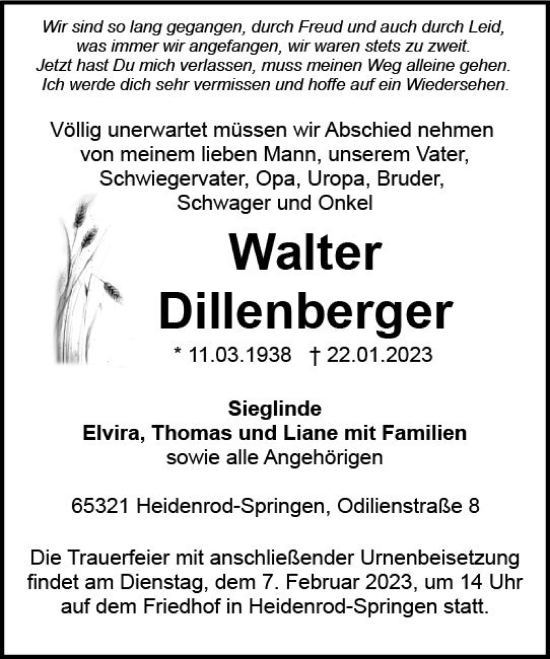 Traueranzeige von Walter Dillenberger von Wiesbadener Kurier gesamt