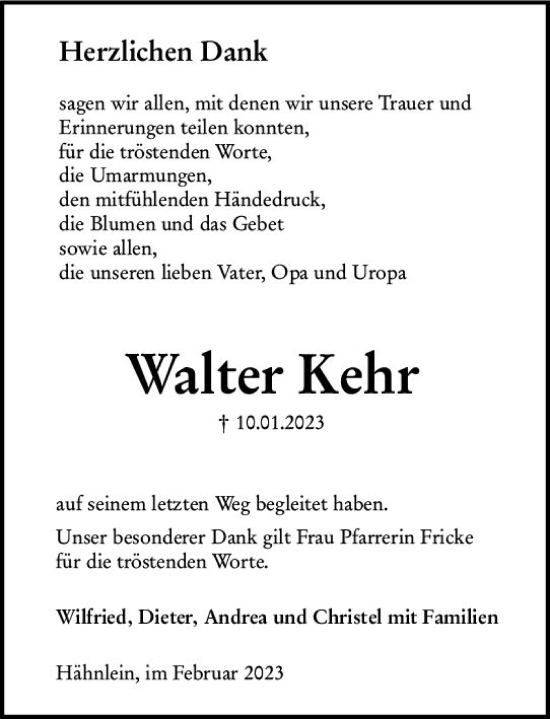 Traueranzeige von Walter Kehr von Bergsträßer Anzeiger