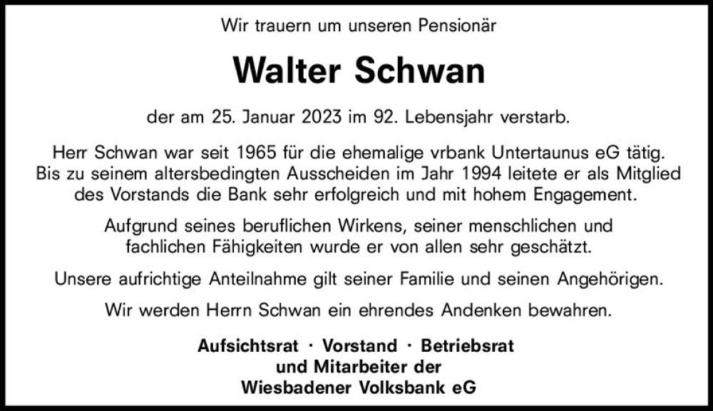  Traueranzeige für Walter Schwan vom 04.02.2023 aus Idsteiner Land / Untertaunus Kurier
