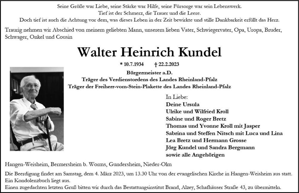  Traueranzeige für Walter Heinrich Kundel vom 25.02.2023 aus Allgemeine Zeitung Alzey