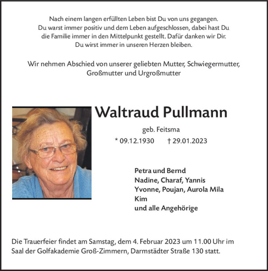 Traueranzeige von Waltraud Pullmann von DieburgerAnzeiger/Groß-Zimmerner Lokalanzeiger