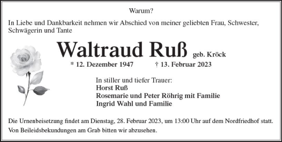 Traueranzeige von Waltraud Ruß von Wiesbadener Kurier
