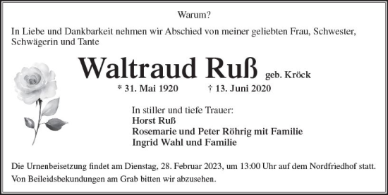 Traueranzeige von Waltraud Ruß von Wiesbadener Kurier