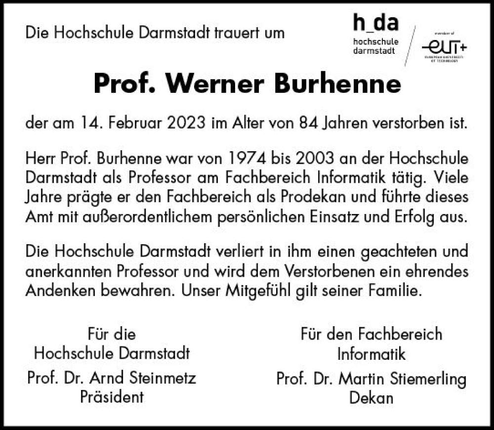  Traueranzeige für Werner Burhenne vom 25.02.2023 aus Darmstädter Echo