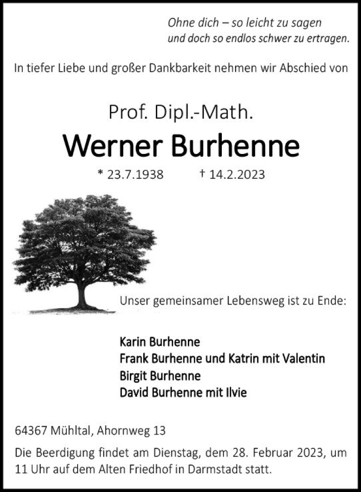  Traueranzeige für Werner Burhenne vom 18.02.2023 aus Darmstädter Echo
