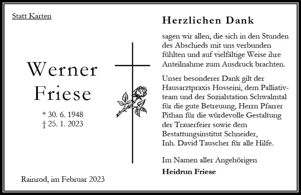  Traueranzeige für Werner Friese vom 25.02.2023 aus Oberhessen Kurier