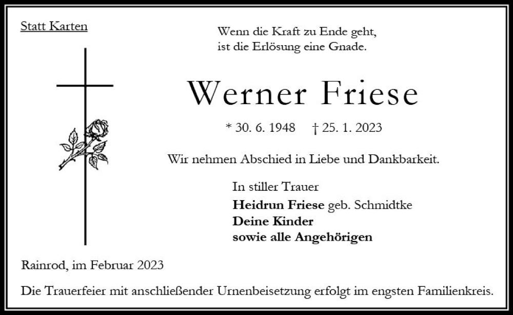  Traueranzeige für Werner Friese vom 04.02.2023 aus OK Oberhessen Kurier