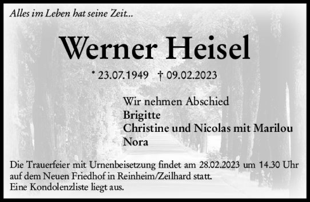  Traueranzeige für Werner Heisel vom 18.02.2023 aus Darmstädter Echo