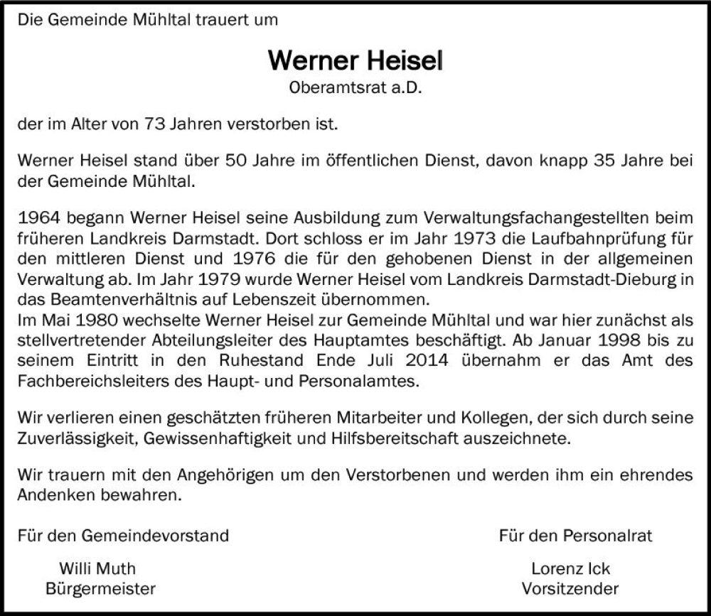  Traueranzeige für Werner Heisel vom 25.02.2023 aus Darmstädter Echo