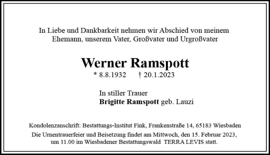 Traueranzeige von Werner Ramspott von Wiesbadener Kurier gesamt