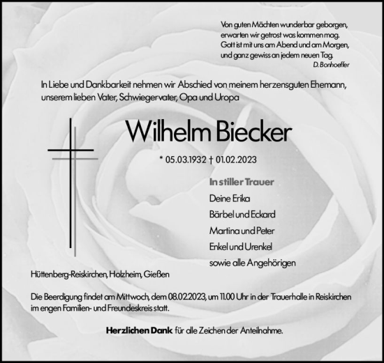 Traueranzeige von Wilhelm Biecker von Wetzlarer Neue Zeitung