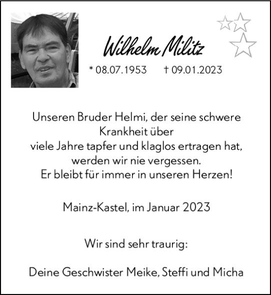 Traueranzeige von Wilhelm Militz von Allgemeine Zeitung Mainz