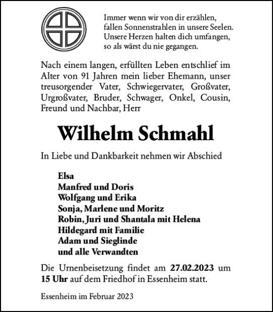 Traueranzeige von Wilhelm Schmahl von Allgemeine Zeitung Mainz
