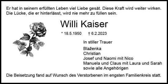 Traueranzeige von Willi Kaiser von Dieburger Anzeiger/Groß-Zimmerner Lokal-Anzeiger