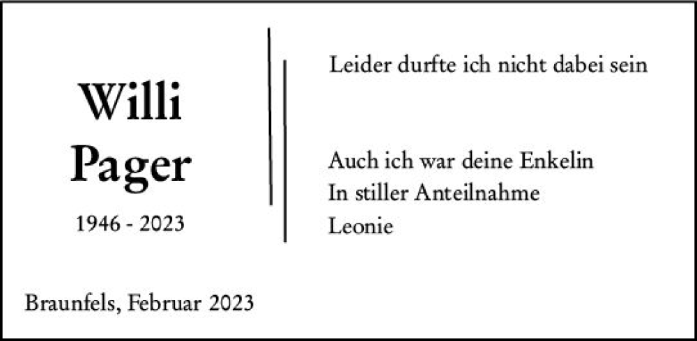  Traueranzeige für Willi Pager vom 07.02.2023 aus Weilburger Tageblatt
