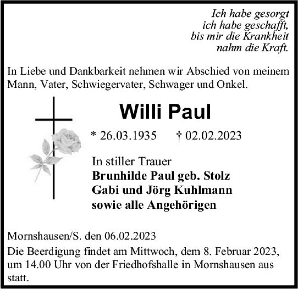  Traueranzeige für Willi Paul vom 06.02.2023 aus Hinterländer Anzeiger