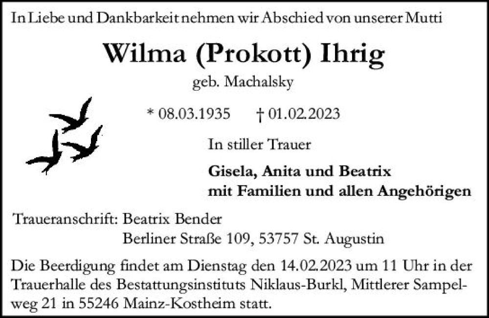  Traueranzeige für Wilma Ihrig vom 11.02.2023 aus Allgemeine Zeitung Mainz