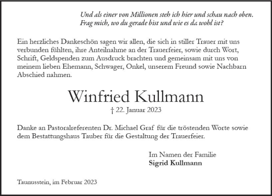 Traueranzeige von Winfried Kullmann von Wiesbadener Kurier