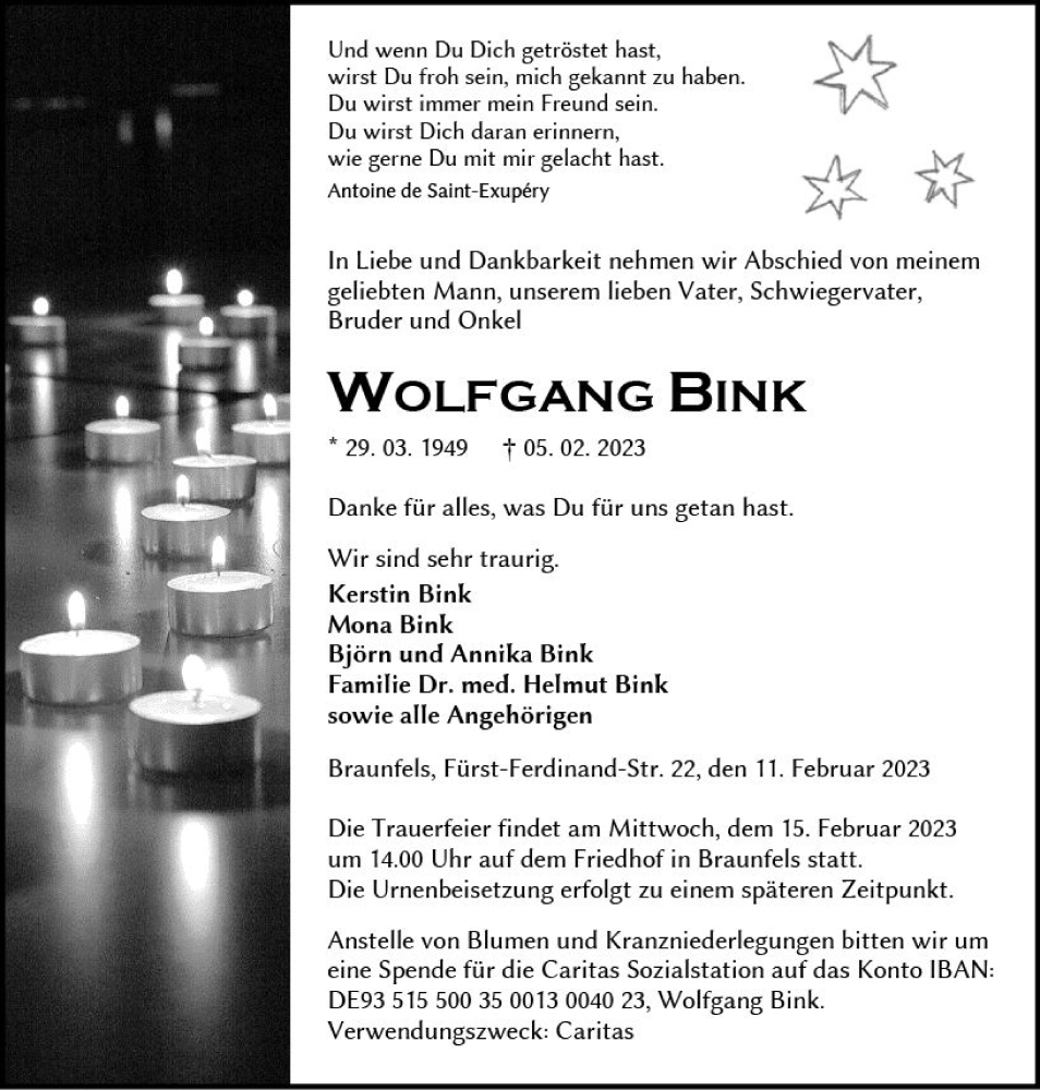  Traueranzeige für Wolfgang Bink vom 11.02.2023 aus Wetzlarer Neue Zeitung