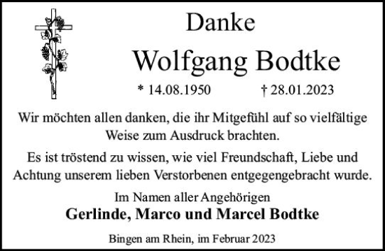 Traueranzeige von Wolfgang Bodtke von Allgemeine Zeitung Bingen/Ingelheim