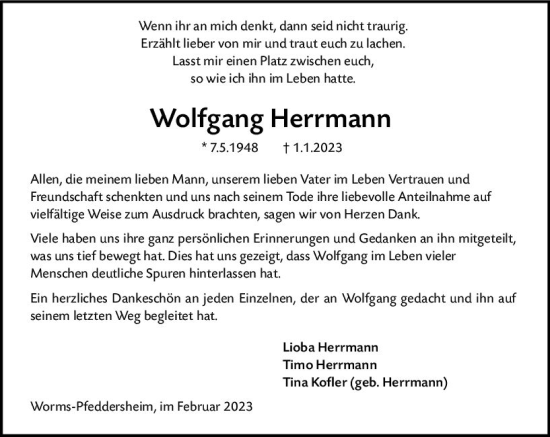Traueranzeige von Wolfgang Herrmann von Wormser Zeitung