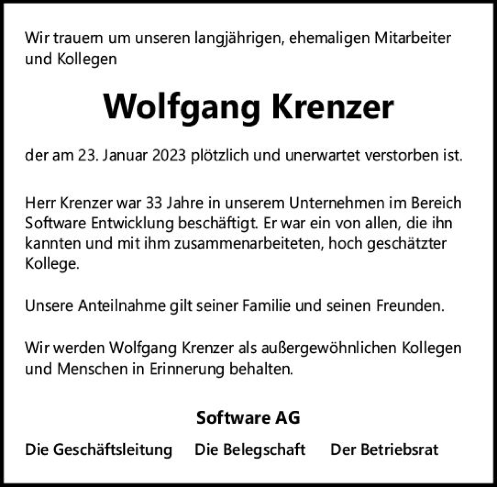  Traueranzeige für Wolfgang Krenzer vom 11.02.2023 aus Darmstädter Echo
