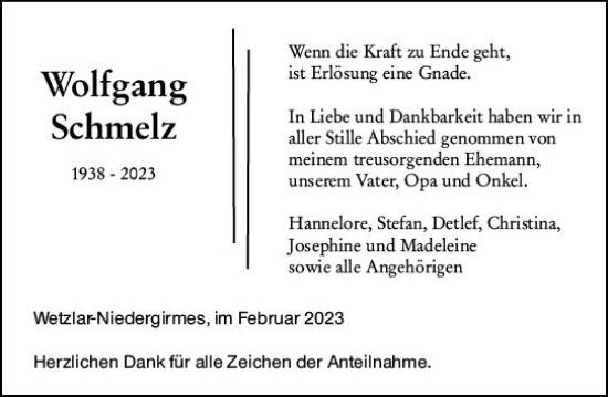 Traueranzeige von Wolfgang Schmelz von Wetzlarer Neue Zeitung