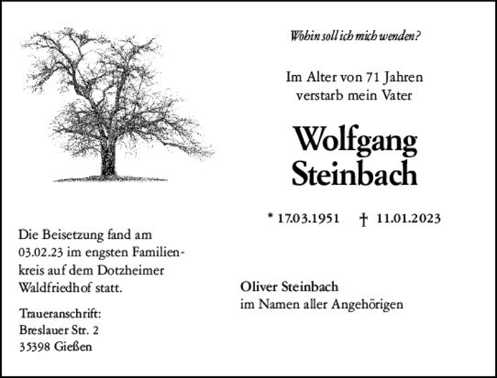  Traueranzeige für Wolfgang Steinbach vom 11.02.2023 aus Wiesbadener Kurier gesamt