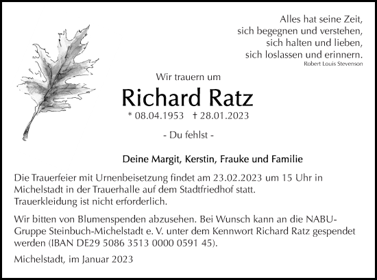 Traueranzeige von Richard Ratz von Odenwälder Echo