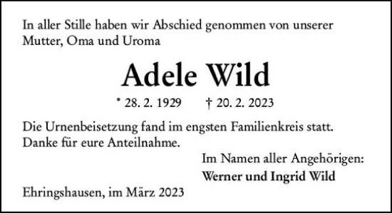 Traueranzeige von Adele Wild von Wetzlarer Neue Zeitung