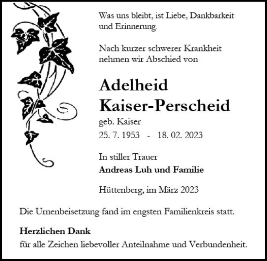Traueranzeige von Adelheid Kaiser-Perscheid von Wetzlarer Neue Zeitung