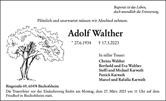 Traueranzeige von Adolf Walther von Rüsselsheimer Echo