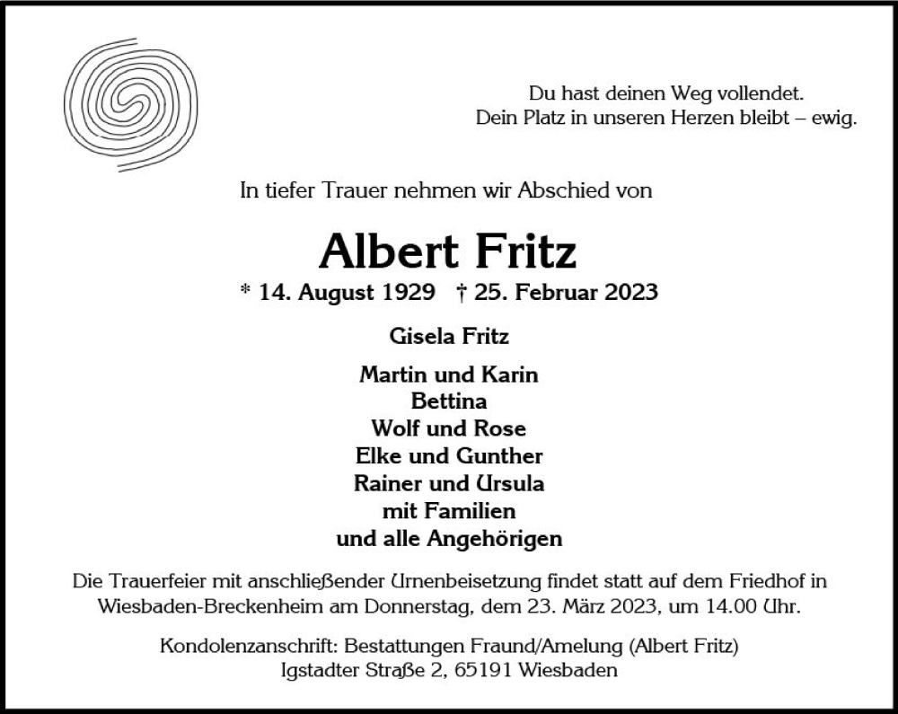  Traueranzeige für Albert Fritz vom 04.03.2023 aus Wiesbadener Kurier