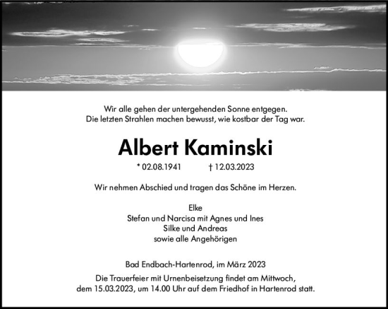 Traueranzeige von Albert Kaminski von Hinterländer Anzeiger