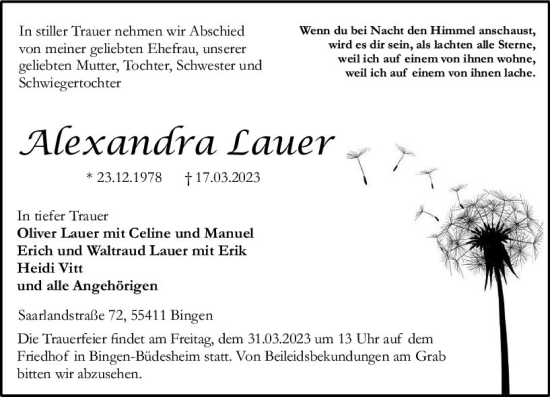 Traueranzeige von Alexandra Lauer von Allgemeine Zeitung Bingen/Ingelheim