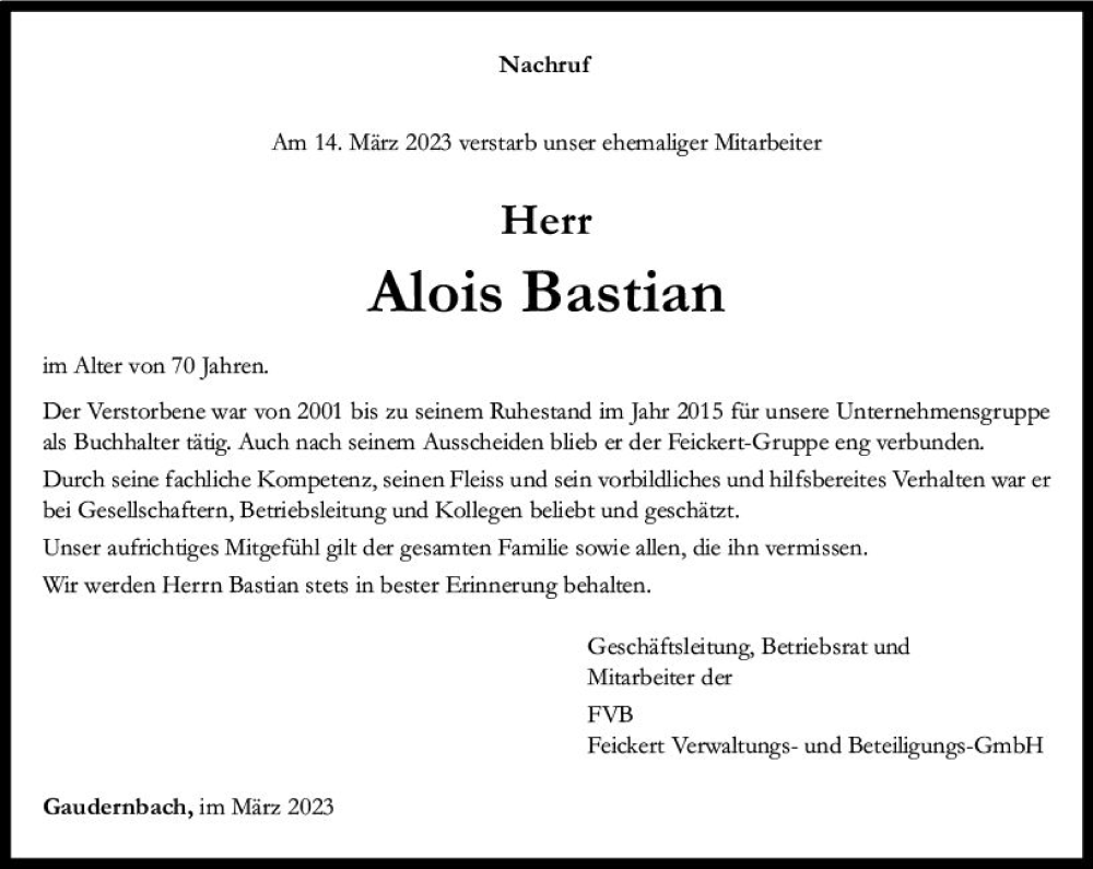  Traueranzeige für Alois Bastian vom 25.03.2023 aus Weilburger Tageblatt