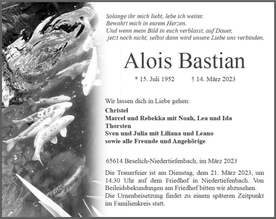 Traueranzeige von Alois Bastian von Nassauische Neue Presse
