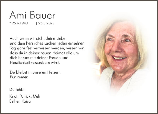 Traueranzeige von Ami Bauer von Allgemeine Zeitung Mainz