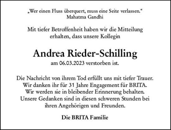 Traueranzeige von Andrea Rieder-Schilling von Wiesbadener Kurier