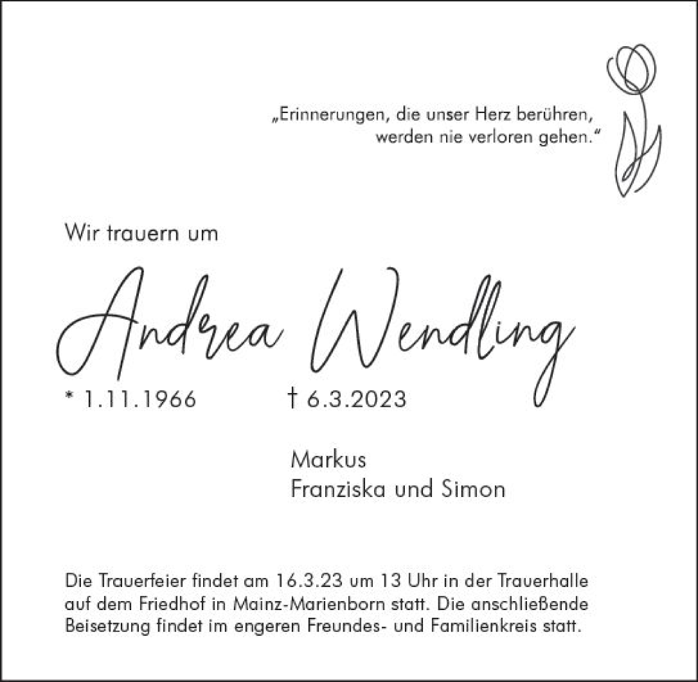  Traueranzeige für Andrea Wendling vom 11.03.2023 aus Allgemeine Zeitung Mainz