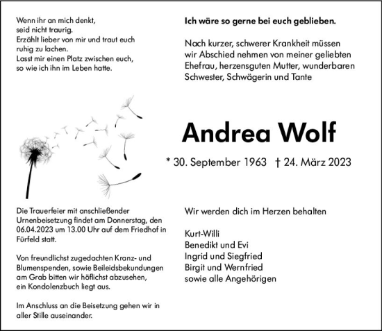 Traueranzeige von Andrea Wolf von Allgemeine Zeitung Bad Kreuznach