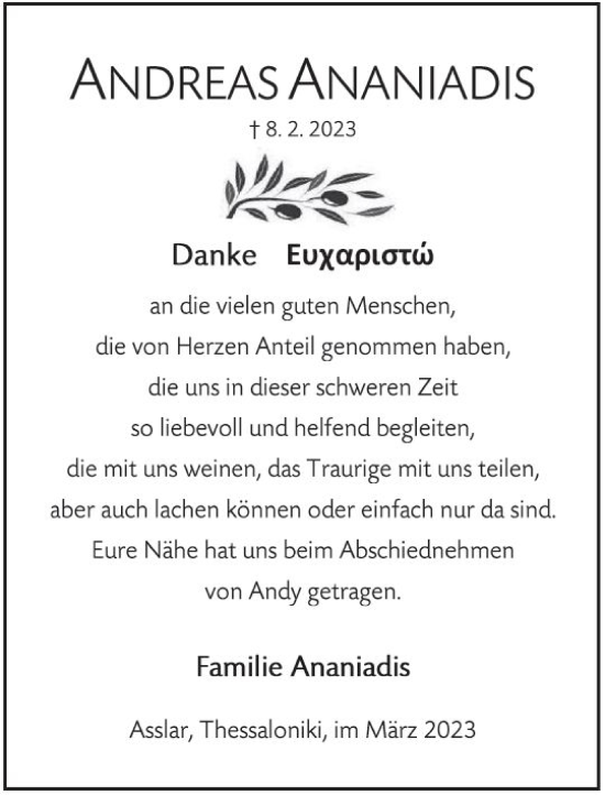 Traueranzeige von Andreas Ananiadis von Wetzlarer Neue Zeitung