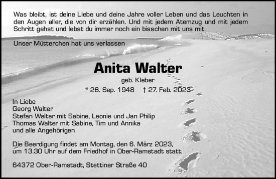 Traueranzeige von Anita Walter von Darmstädter Echo
