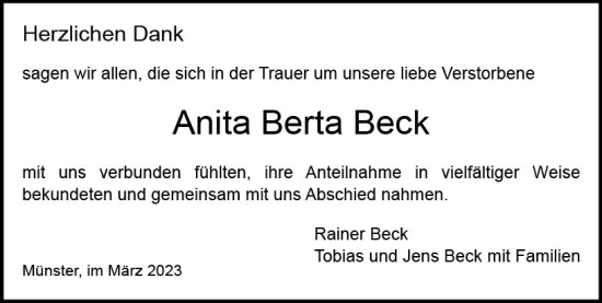 Traueranzeige von Anita Berta Beck von Dieburger Anzeiger/Groß-Zimmerner Lokal-Anzeiger