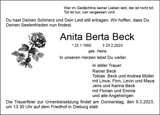 Traueranzeige von Anita Berta Beck von Dieburger Anzeiger/Groß-Zimmerner Lokal-Anzeiger