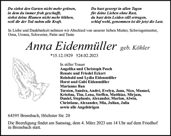 Traueranzeige von Anna Eidenmüller von Odenwälder Echo
