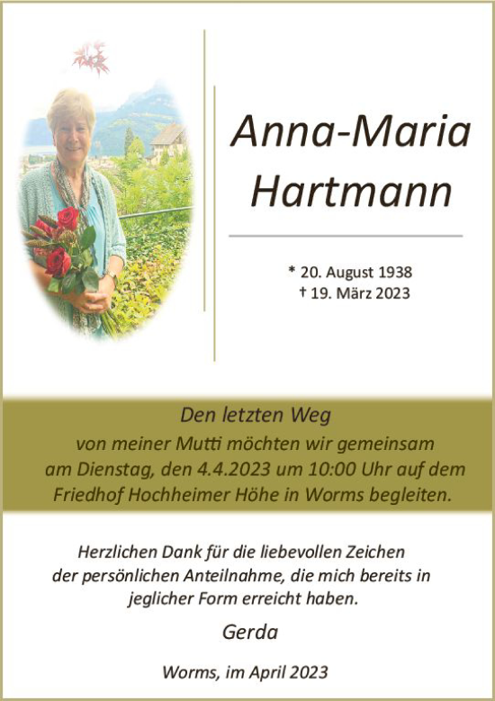 Traueranzeige von Anna-Maria Hartmann von Wormser Zeitung