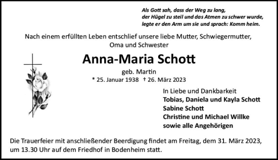 Traueranzeige von Anna-Maria Schott von Allgemeine Zeitung Mainz