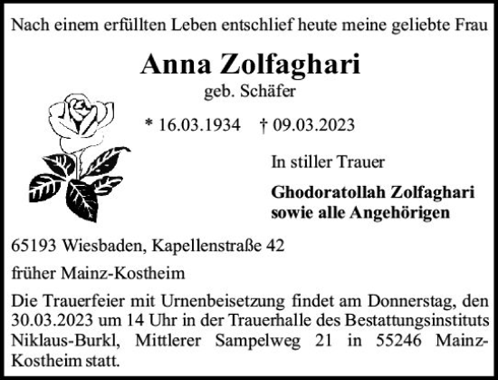Traueranzeige von Anna Zolfaghari von Allgemeine Zeitung Mainz