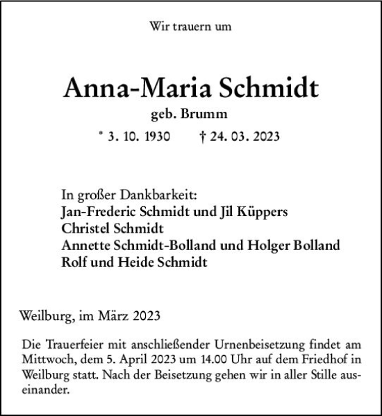 Traueranzeige von Anna Maria Schmidt von Weilburger Tageblatt